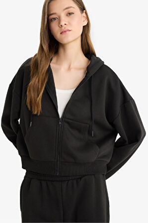 Coool Cropped Fit Kapüşonlu Kalın Fermuarlı Sweatshirt 