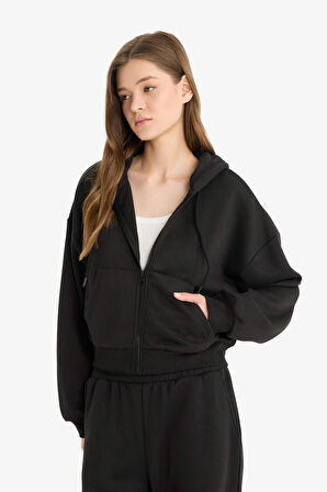Coool Cropped Fit Kapüşonlu Kalın Fermuarlı Sweatshirt 