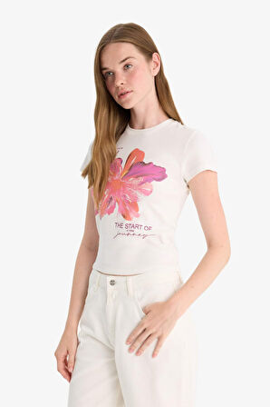 Fitted Bisiklet Yaka Baskılı Ribana Kısa Kollu Tişört