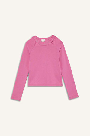 Kız Çocuk Slim Fit Dar Kesim Taşlı Yaka Baskılı Fitilli Kaşkorse Uzun Kollu Tişört