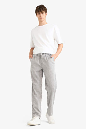 Wide Leg Geniş Paça Beli Bağcıklı Jean Kar Yıkamalı Pantolon