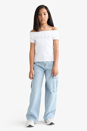 Kız Çocuk Slim Fit Dar Kesim Omuzu Açık Yaka Baskılı Ribana Kısa Kollu Tişört