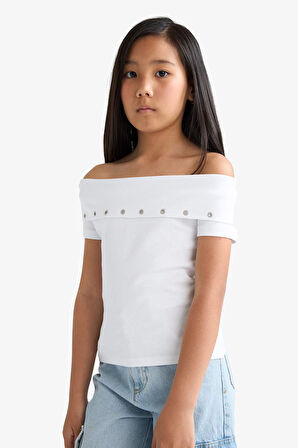 Kız Çocuk Slim Fit Dar Kesim Omuzu Açık Yaka Baskılı Ribana Kısa Kollu Tişört