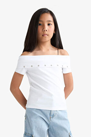 Kız Çocuk Slim Fit Dar Kesim Omuzu Açık Yaka Baskılı Ribana Kısa Kollu Tişört