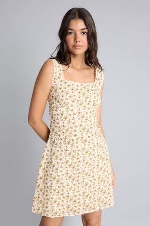 Bodycon Vücudu Saran Kare Yaka Floral Pamuklu Askılı Mını Elbise