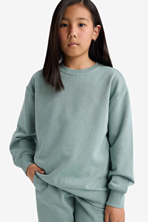 Kız Çocuk Relax Fit Bisiklet Yaka Basic Düz Sweatshirt