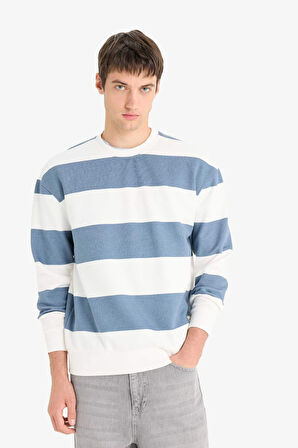 Boxy Fit Bisiklet Yaka Çizgili Sweatshirt