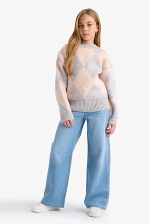 DeFacto Oversize Geniş Kalıp Bisiklet Yaka Baklava Desenli Triko Kazak Kız Çocuk F5517A825WNGR192