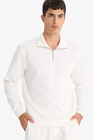 Regular Fit Dik Yaka Yarım Fermuarlı İçi Yumuşak Tüylü Basic Düz Sweatshirt