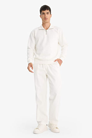 Regular Fit Dik Yaka Yarım Fermuarlı İçi Yumuşak Tüylü Basic Düz Sweatshirt