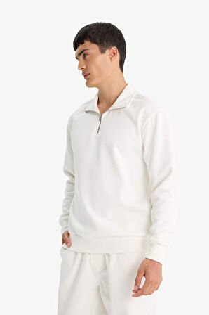 Regular Fit Dik Yaka Yarım Fermuarlı İçi Yumuşak Tüylü Basic Düz Sweatshirt