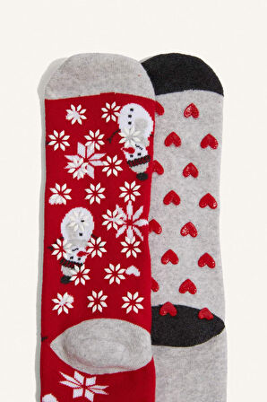 Kadın Yılbaşı Temalı 2'li Pamuklu Uzun Çorap