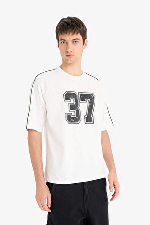 DeFacto %100 Pamuk Loose Fit Bisiklet Yaka Baskılı Kısa Kollu Tişört F0186AX25SMER105