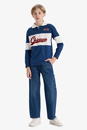 Erkek Çocuk Oversize Geniş Kalıp Polo Yaka Nakışlı Uzun Kollu Okul Tişörtü