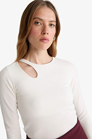 Slim Fit Dar Kesim Bisiklet Yaka Fitilli Kaşkorse Uzun Kollu Tişört