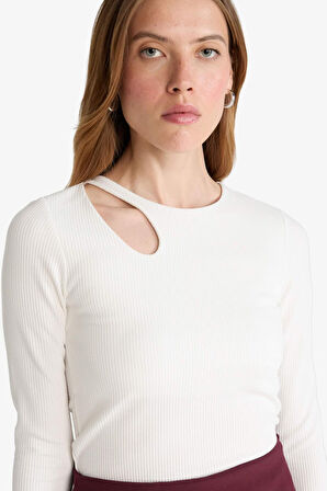 Slim Fit Dar Kesim Bisiklet Yaka Fitilli Kaşkorse Uzun Kollu Tişört