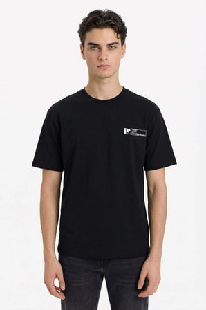 Defacto F8170AXBK81 Siyah %100 Pamuk Boxy Fit Baskılı Tişört