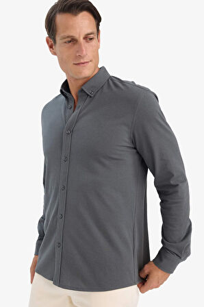 Regular Fit Polo Yaka Dokulu Uzun Kollu Gömlek