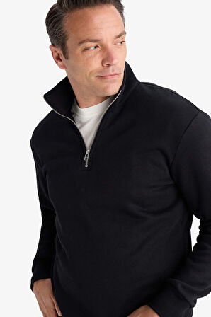 Regular Fit Dik Yaka Yarım Fermuarlı İçi Yumuşak Tüylü Basic Düz Sweatshirt