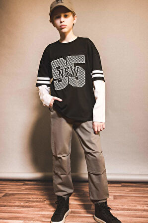 Erkek Çocuk Oversize Geniş Kalıp Bisiklet Yaka Baskılı Uzun Kollu Tişört