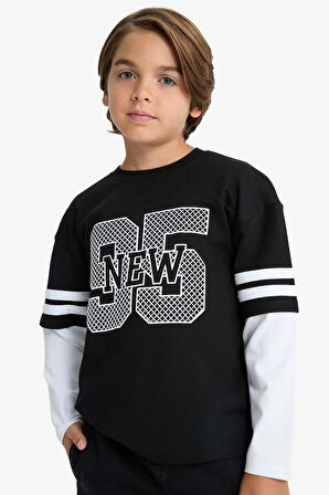 Erkek Çocuk Oversize Geniş Kalıp Bisiklet Yaka Baskılı Uzun Kollu Tişört