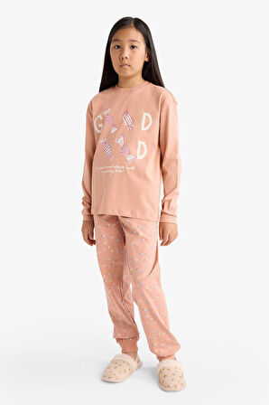 Kız Çocuk Pijama Takımı Baskılı Uzun Kollu Üst Uzun Alt