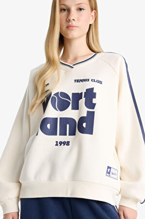 Coool Oversize Geniş Kalıp V Yaka Baskılı Kalın Sweatshirt