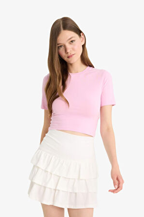 Coool Fitted Crop Basic Düz Kırmızı Kısa Kollu Tişört