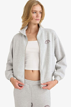 Relax Fit Yarım Balıkçı Yaka Baskılı Kalın Fermuarlı Sweatshirt 