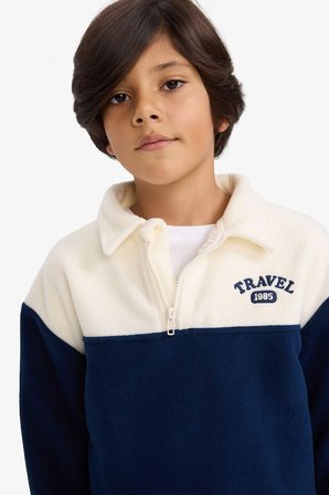 DeFacto Oversize Geniş Kalıp Polo Yaka Yarım Fermuarlı Baskılı Polar Sweatshirt Erkek Çocuk G3301A825WNNV131