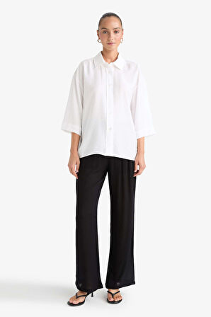 Oversize Geniş Kalıp Gömlek Yaka Krinkıl Kumaş Uzun Kollu Gömlek