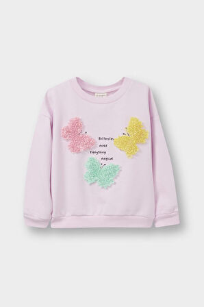 Kız Bebek Bisiklet Yaka Baskılı İçi Yumuşak Tüylü Sweatshirt