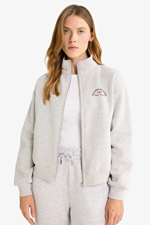 Relax Fit Yarım Balıkçı Yaka Baskılı Kalın Fermuarlı Sweatshirt 