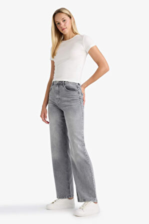 90's Wide Leg Yüksek Bel Uzun Jean Yıkamalı Pantolon
