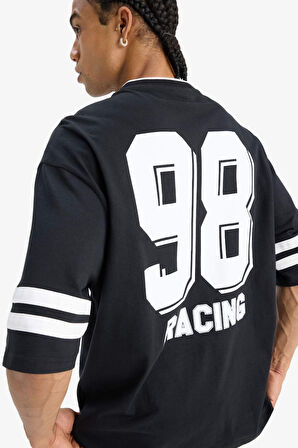 %100 Pamuk Loose Fit Bisiklet Yaka Baskılı Kısa Kollu Tişört