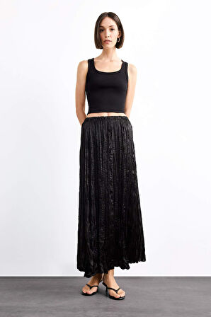 Relax Fit Beli Lastikli Saten Uzun Boy Etek