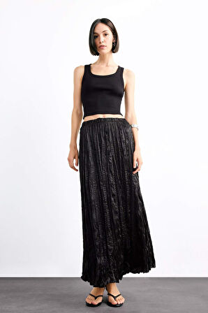 Relax Fit Beli Lastikli Saten Uzun Boy Etek