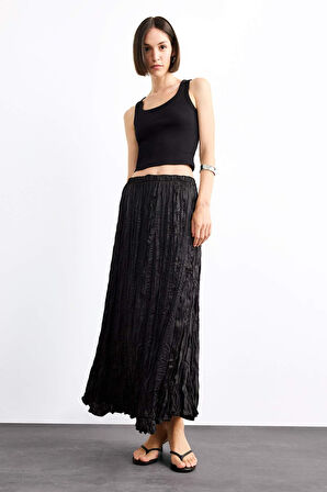 Relax Fit Beli Lastikli Saten Uzun Boy Etek