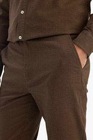 %100 Pamuk Slim Fit Beli Lastikli Keten Görünümlü Cepli Düz Paça Jogger Pantolon