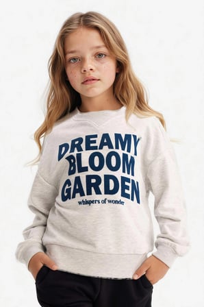 Defacto G3801A8GR85 Gri Kız Çocuk Relax Fit Bisiklet Yaka Baskılı Sweatshirt