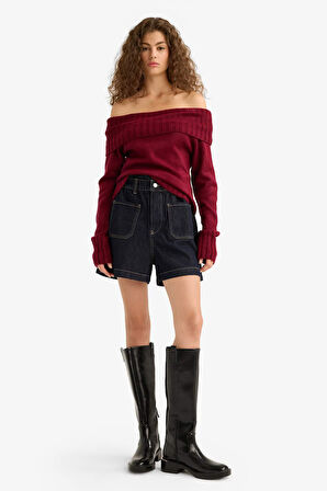 Slim Fit Dar Kesim Açık Omuz Kazak