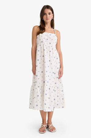Kare Yaka Floral Poplin Askılı Midi Elbise