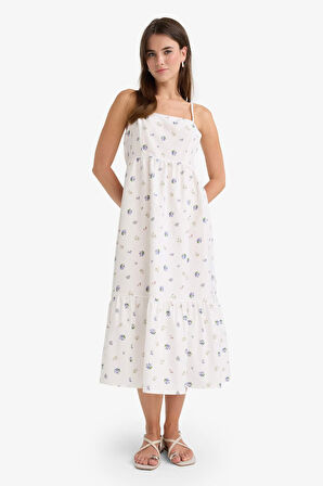 Kare Yaka Floral Poplin Askılı Midi Elbise