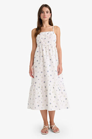 Kare Yaka Floral Poplin Askılı Midi Elbise