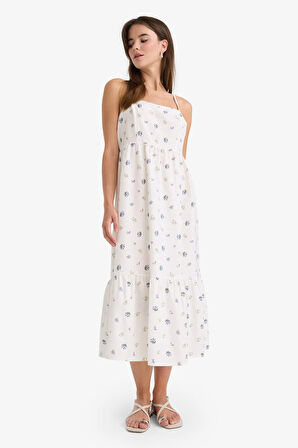 Kare Yaka Floral Poplin Askılı Midi Elbise