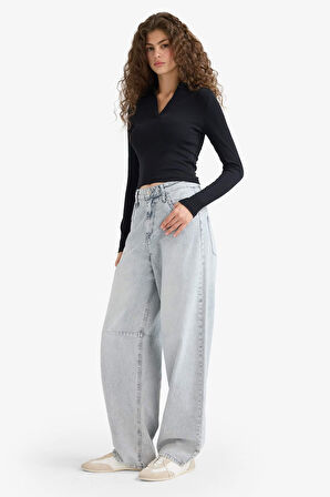 Fitted Polo Yaka Basic Düz Modal Uzun Kollu Siyah Tişört