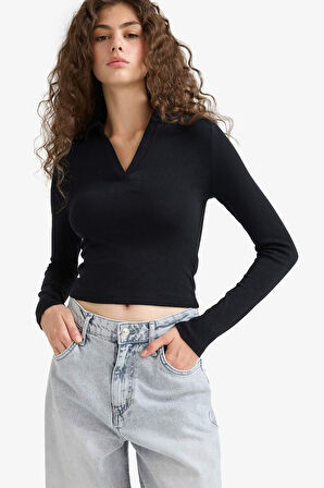 Fitted Polo Yaka Basic Düz Modal Uzun Kollu Siyah Tişört