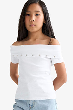 Kız Çocuk Slim Fit Dar Kesim Omuzu Açık Yaka Baskılı Ribana Kısa Kollu Tişört