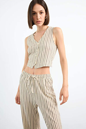 Fitted Çizgili V Yaka Blazer Yelek 