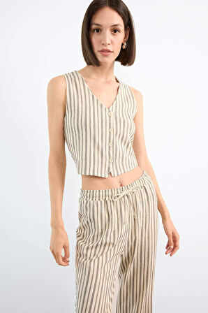 Fitted Çizgili V Yaka Blazer Yelek 